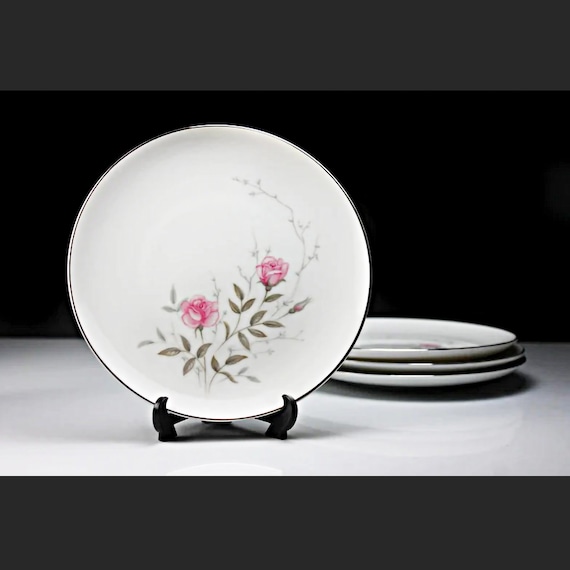 Bread and Butter Plates, Towne China, Roselle, Pink Roses and Gray Leaves, Set of 4, Fine China