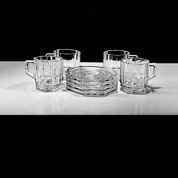 Crown Corning Dimensions Octagon Cups and Saucers Set, Clear Glass Beverage Mugs, Set of 4 (8 Ounce Each)