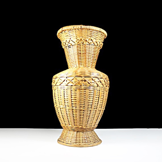 Wicker and Bamboo Vase, Decorative, Dried Flower Vase, Centerpiece, Floor Vase, 16 Inch