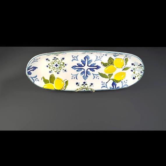 Hand Painted Lemon Bread Tray, Papart Seramik Turkey, Mediterranean Serving Platter, 14 Inch