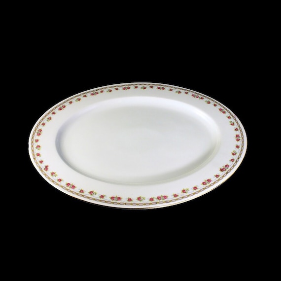 14 Inch Oval Platter, Eamag Bavaria, White, Pink Floral, Serving Platter