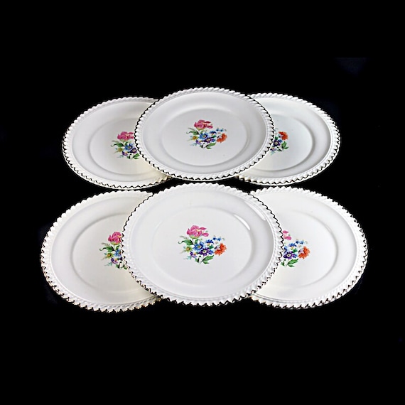 Bread Plates, Harker Pottery Co, Set of 6, Bread and Butter,  Floral Center, 22K Gold Trim, Fine China