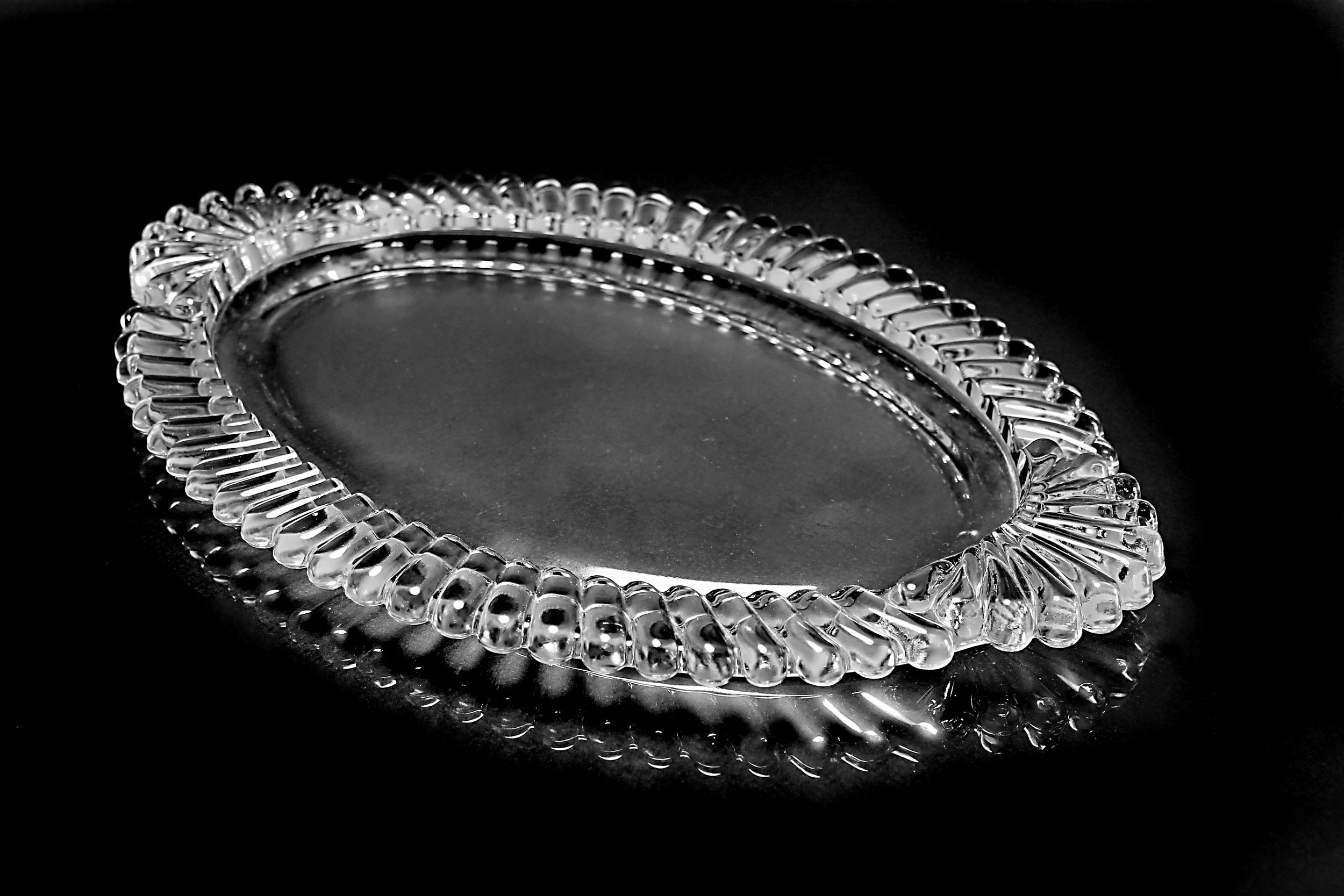Glass Vanity Tray, Ribbed, Clear Glass, Serving, Handled, Pressed Glass