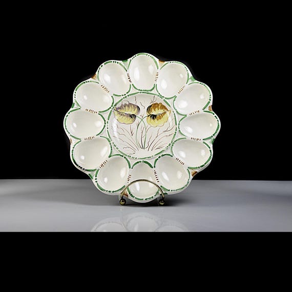 Vintage Italian Deviled Egg Plate, Hand Painted Floral, Italy, 9.5 Inch Platter