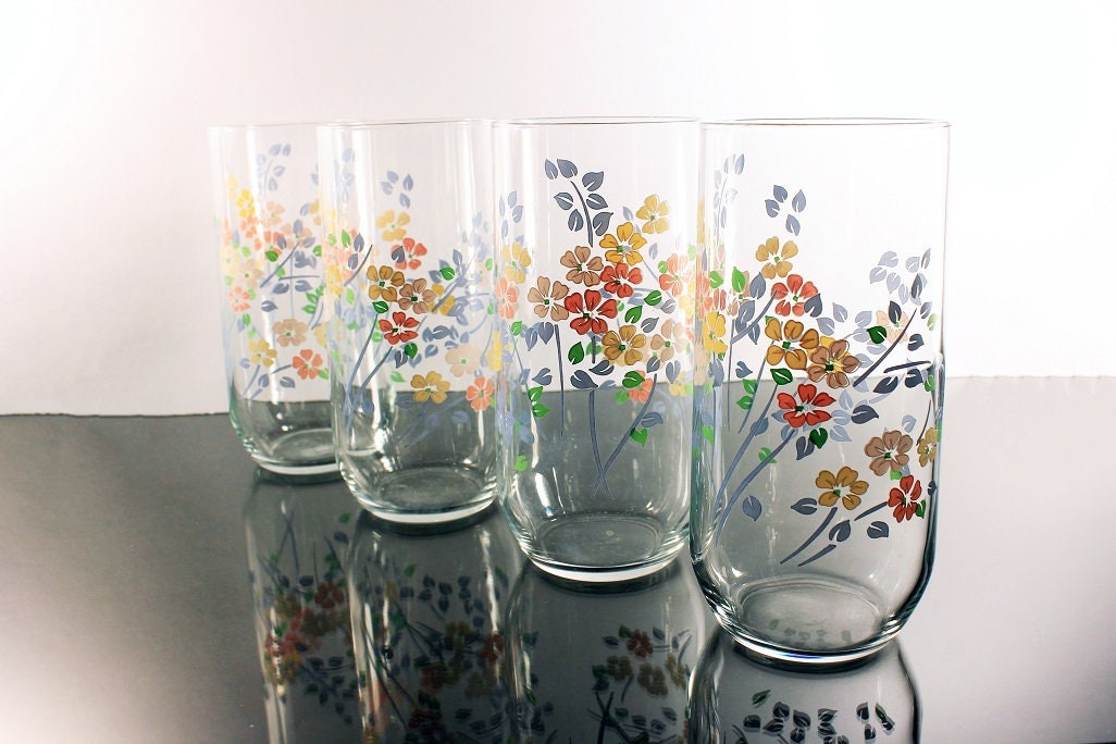 Everyday Drinking Glasses, 12 Ounce, Pink Blue Green, Floral Pattern