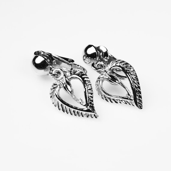 Silver Tone Heart Clip-On Earrings - Textured Heart Dangles - Romantic Mid Century Costume Jewelry