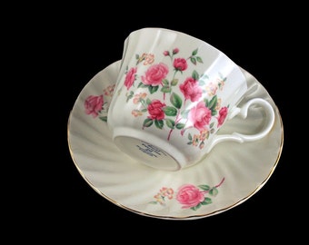 Teacup and Saucer, Royal Patrician, Bone China, Rose Pattern, Gold Trimmed, Made in Staffordshire England