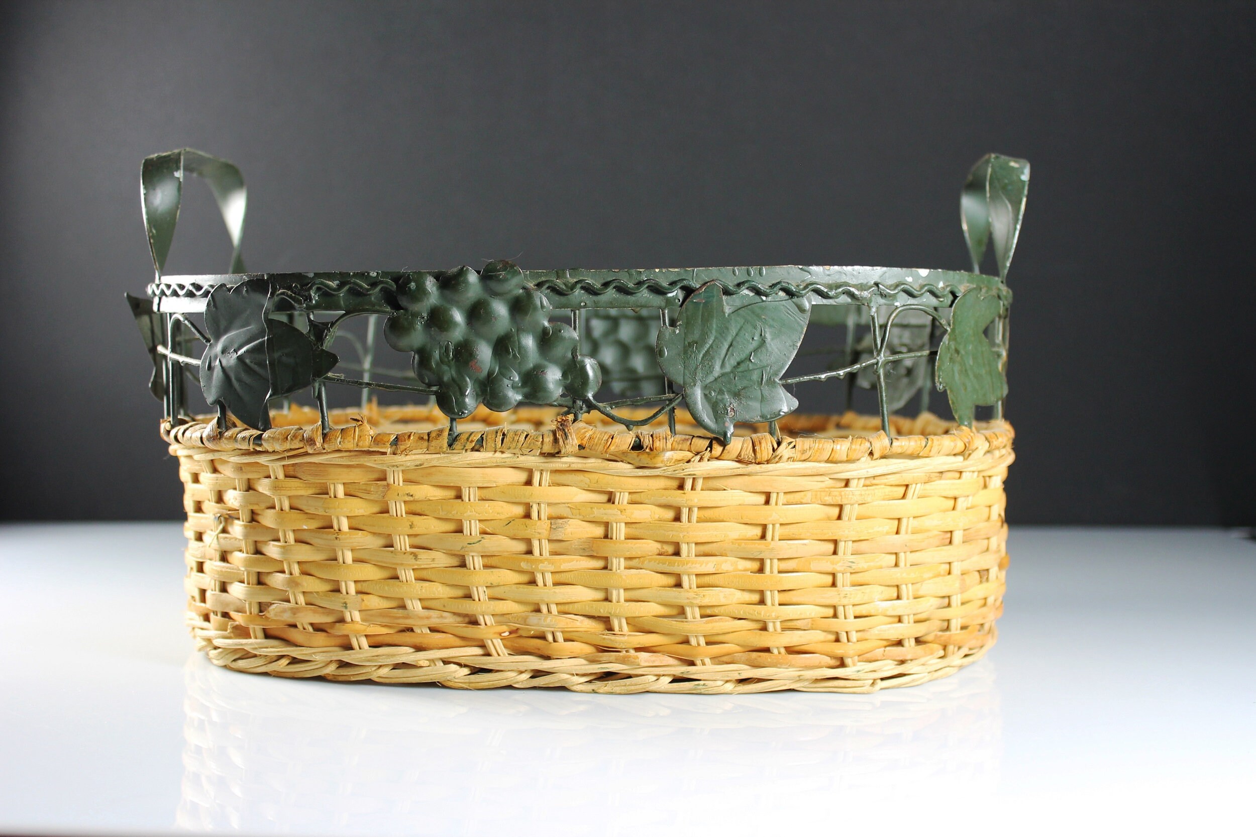 Metal and Wicker Basket, Grapevine Design, Fruit Basket, Storage Basket