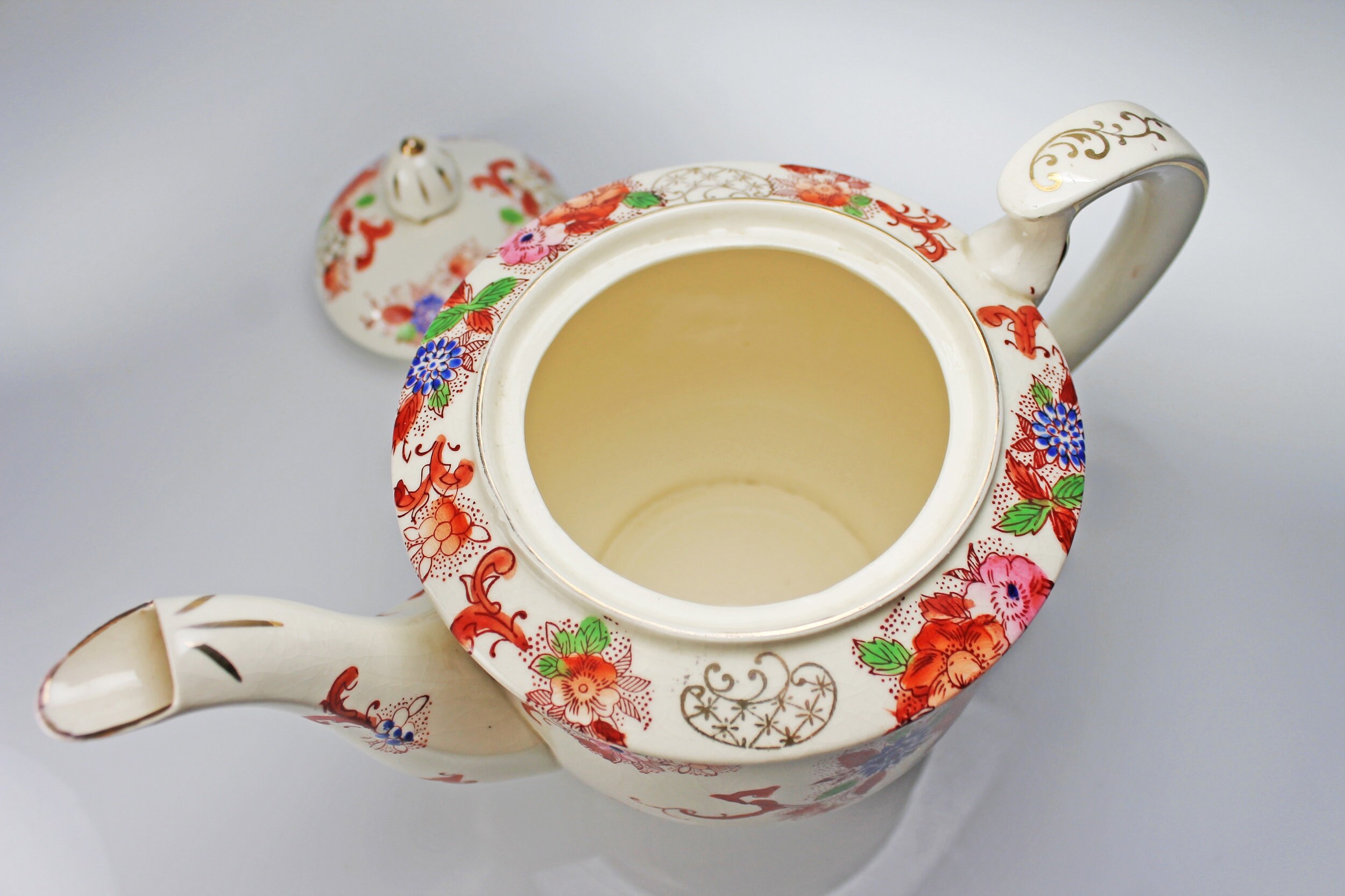 Large Porcelain Floral Teapot, Made in Japan, 6 Cup, Hand Painted