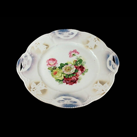 Cake Plate, Made In Germany, Hand Painted, Floral Pattern, Embossed, Double Handled, German Porcelain
