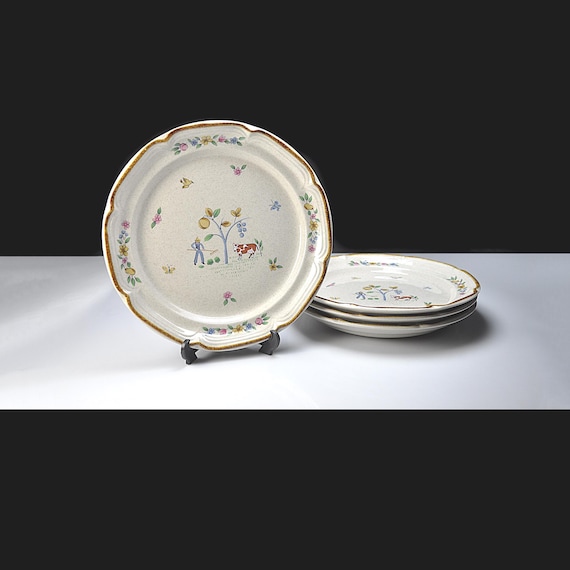 International Heartland Salad Plates, Set of 4, Vintage Farm Scene Stoneware, Country Kitchen