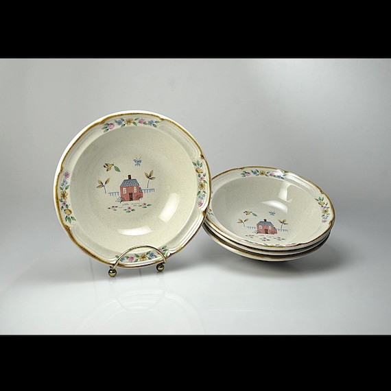 International Heartland Cereal Bowls, Set of 4, Stoneware, 6.75 Inch Farmhouse Pattern
