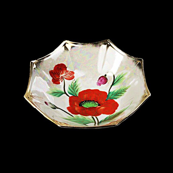 Octagon Poppy Lusterware Bowl, Gold Trimmed, Made in Japan, Decorative Bowl, Gold Trim, Opalescent, Iridescent