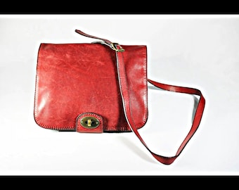 Red Leather Crossbody Bag, Fossil Keyhole, Shoulder Bag, Saddle Bag, Adjustable Strap