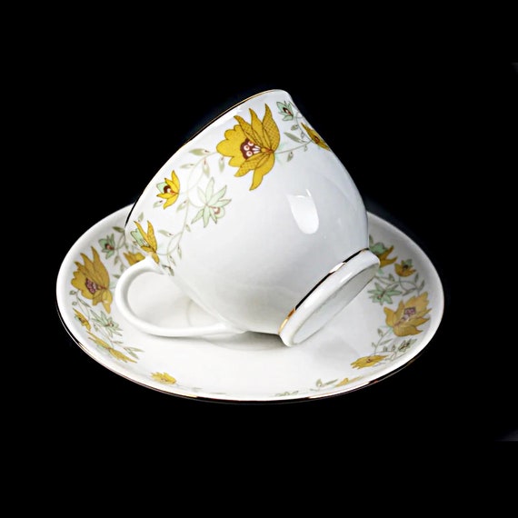 Cup and Saucer, Porcelain, Made In China, Yellow Floral Pattern, Gold Trim