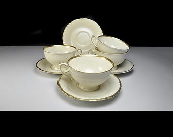 Syracuse China Old Ivory Brantley Cups and Saucers – Set of 4, Gold Trim, Made in USA