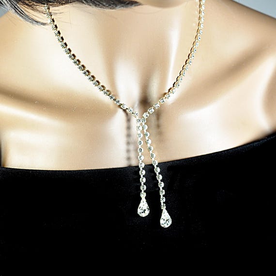 Sparkling Teardrop Rhinestone Y Necklace - Bridal Wedding Prom Jewelry