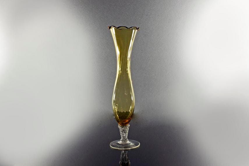 Amber Bud Vase, Hand Blown Glass, Clear Glass Base, Clear Glass Swirled