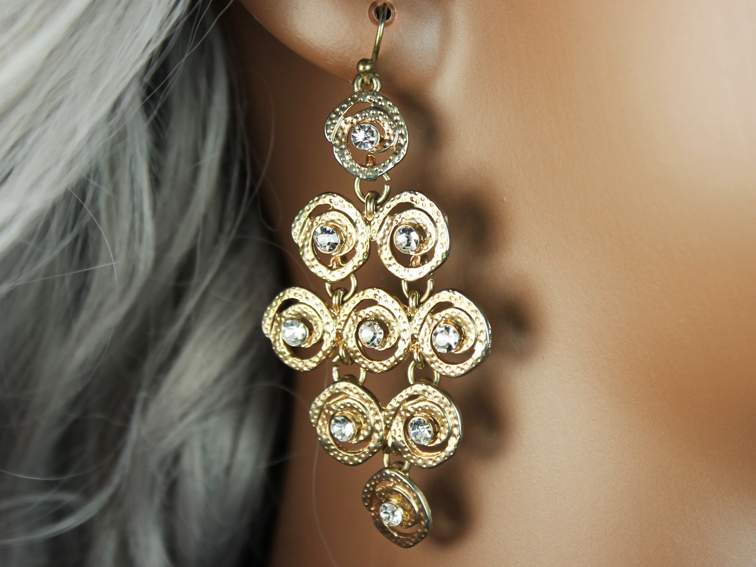 Chandelier Earrings, Clear Rhinestone, Shepherd Hook, GoldTone, Retro