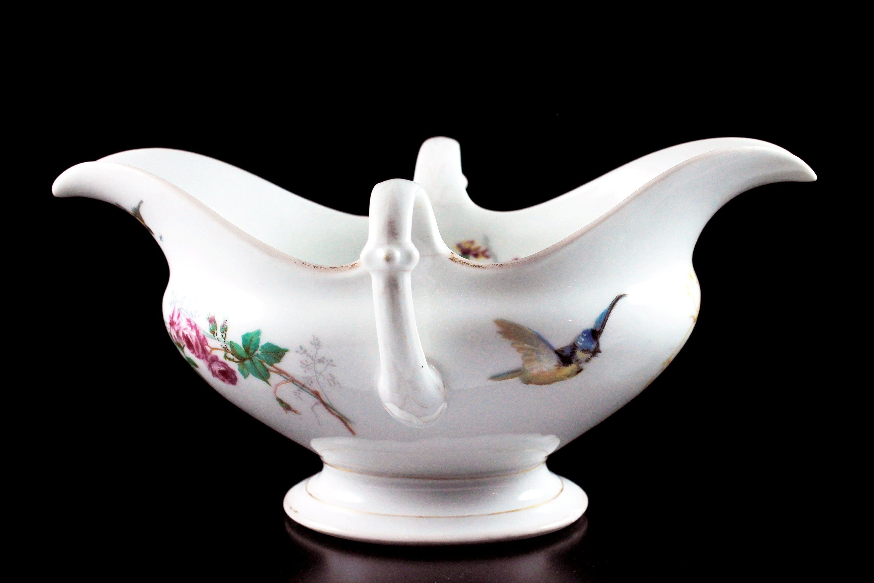 Double Handled Gravy Boat, Antique, Blue Birds, Fuschia, Roses, Serving
