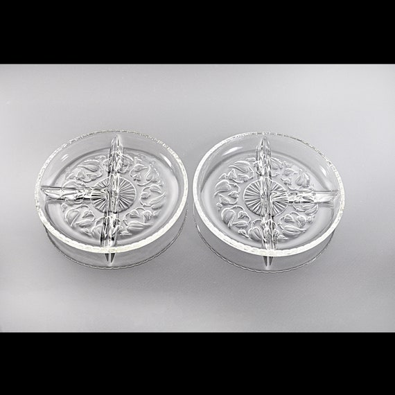 Clear Pressed Glass Divided Bowls - Set of 2, Leaf & Vine Design, 6.5 Inch Three-Section Serving Bowls
