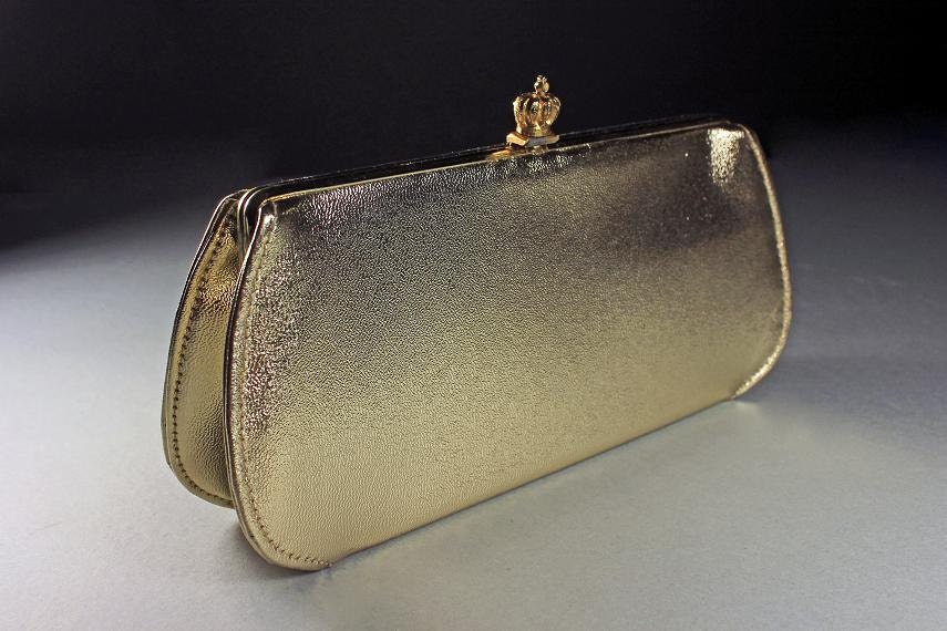 Gold Evening Bag, Clutch Purse, Chain Handle, Gold Lame Exterior, Black ...