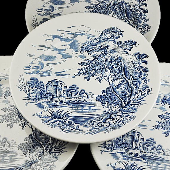 Enoch Wedgwood Countryside Blue and White Bread Plates – English Transferware, Set of 4, Made in England