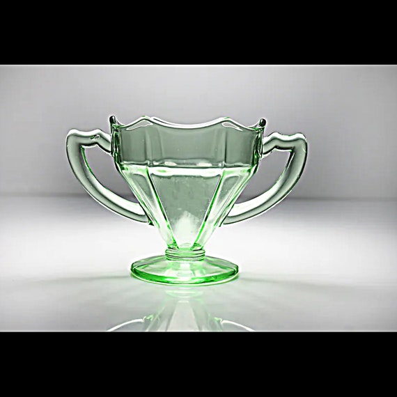 Liberty Works Sugar Bowl, Open, Egg Harbor-Green, Depression Glass, Vaseline Glass