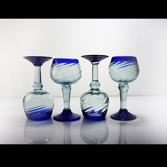 Wine Glasses, Made In Mexico, Set of 4, Heavy Swirl, Cobalt Blue Trim, Barware, Stemware, Hand Blown