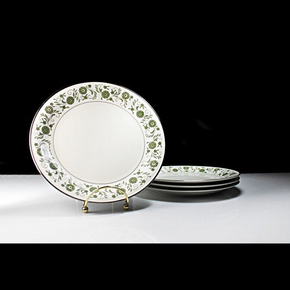Salad Plates, Mikasa, Fairfax, Ivory China, Green Floral Border, Set of 4, Platinum Trim, Discontinued