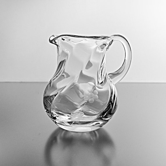 Crystal Glass Creamer with Etched Floral Design and Swirl Pattern – Heavy Glass Pitcher, Hand Blown Glass, Applied Handle, 8 Ounce