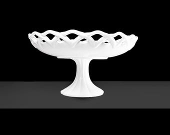 Colony Lace Edge Milk Glass Pedestal Compote - Mid-Century Indiana Glass Bowl