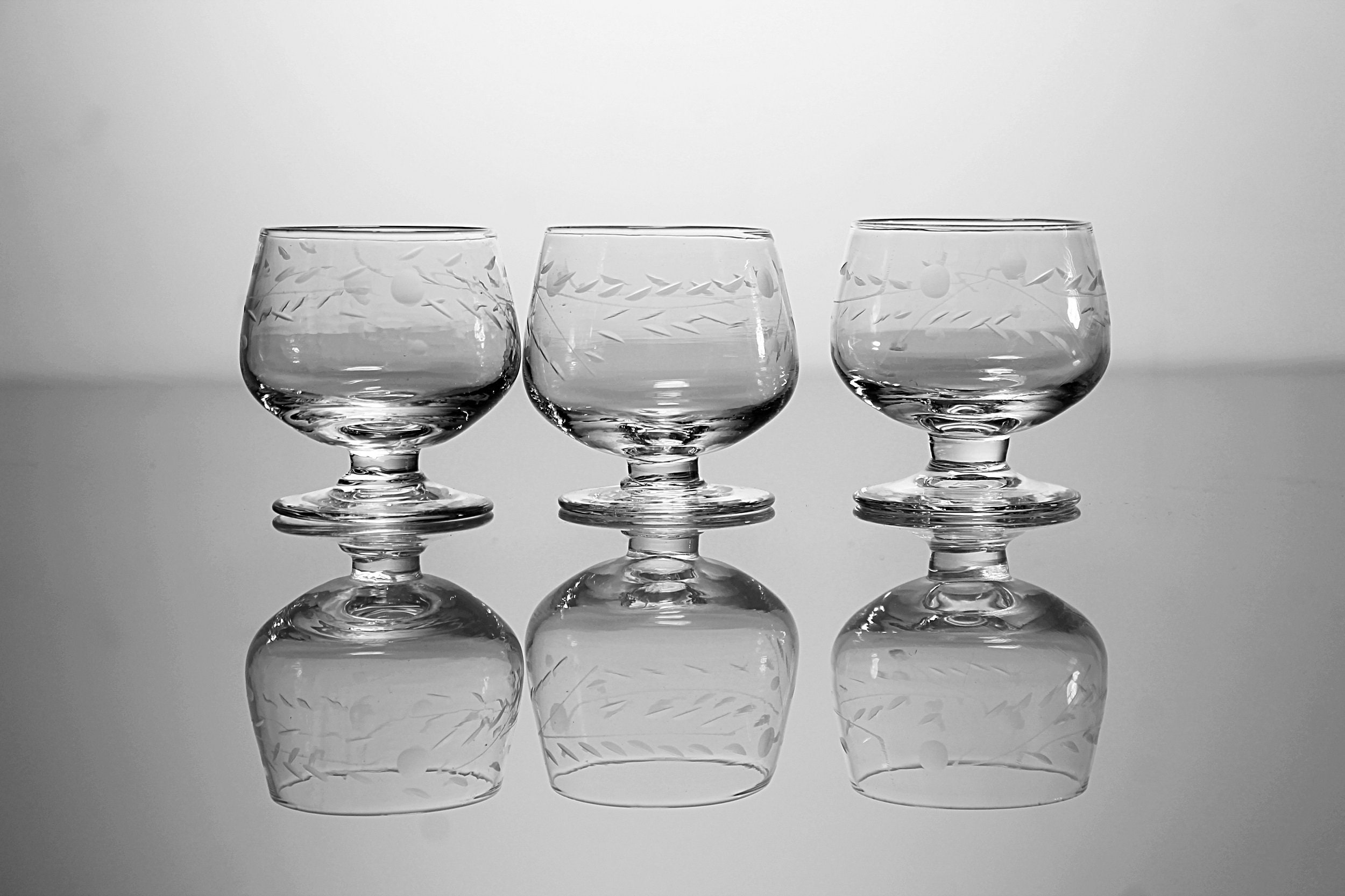 Miniature Etched Brandy Snifters, Floral Pattern, Set of 3, Clear Glass, Barware, One Ounce