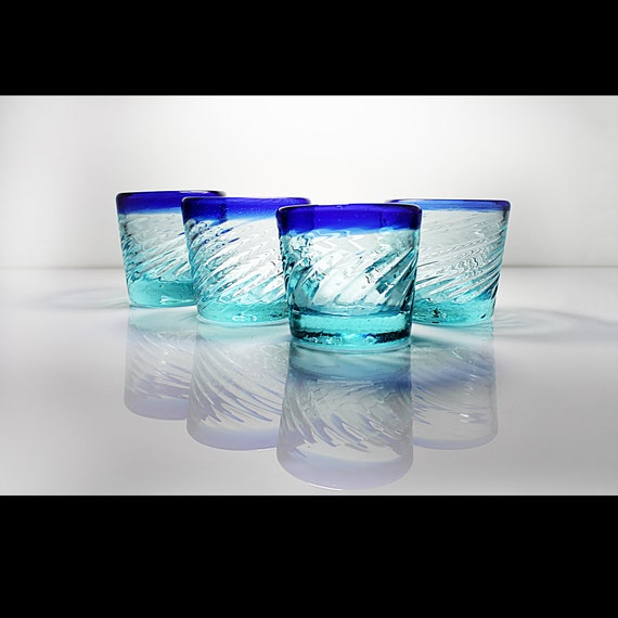 Rock Glasses, Made In Mexico, Set of 4, Heavy Swirl, Cobalt Blue Trim, Barware, Hand Blown