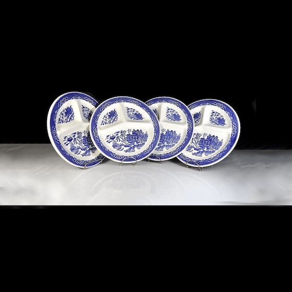 Royal China Blue Willow Grill Plates – 11 Inch - Set of 4 - Divided Dinner Plates – Vintage Mid Century