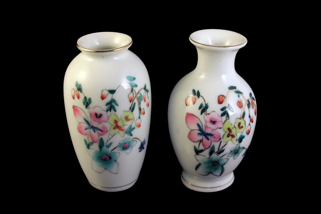 Miniature Vases, Small Vase, Porcelain, Floral Design, Set of 2, Gold