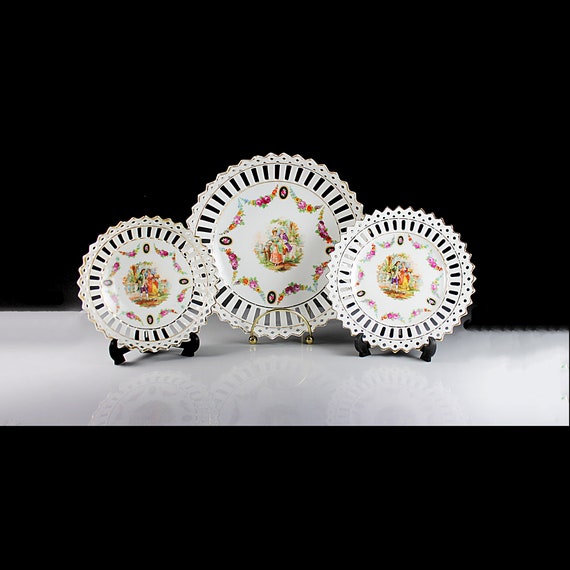 Antique Reticulated Portrait Set, German Porcelain – Large Bowl, Small Bowl, Small Plate with Gold Trim, Set of 3