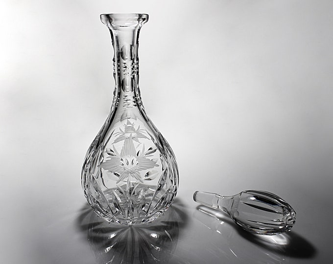 Etched Crystal Decanter Heavy Leaded Glass Original Stopper Etsy