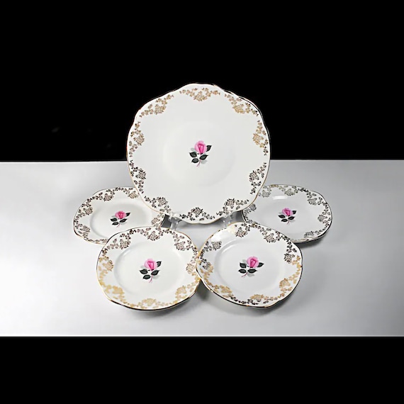 Duchess Dessert Set, Cake Plate, 4 Dessert Plates, Pink Rose, 22K Gold Floral Trim