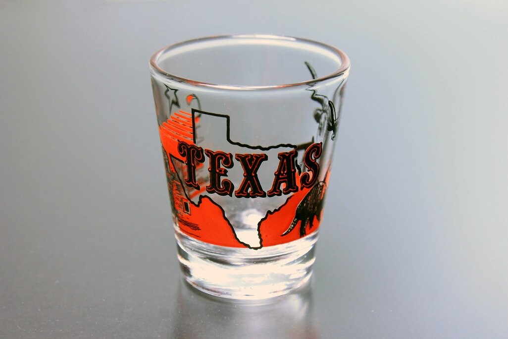 Souvenir Shot Glass, Texas, State Design, Red and Black, Clear Glass, PryoGlazed, Collectible