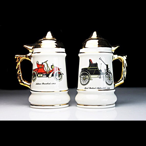Stein Salt and Pepper Set, Antique Car Design, Ceramic, Shakers, Figural, Home Bar Decor, Collectible