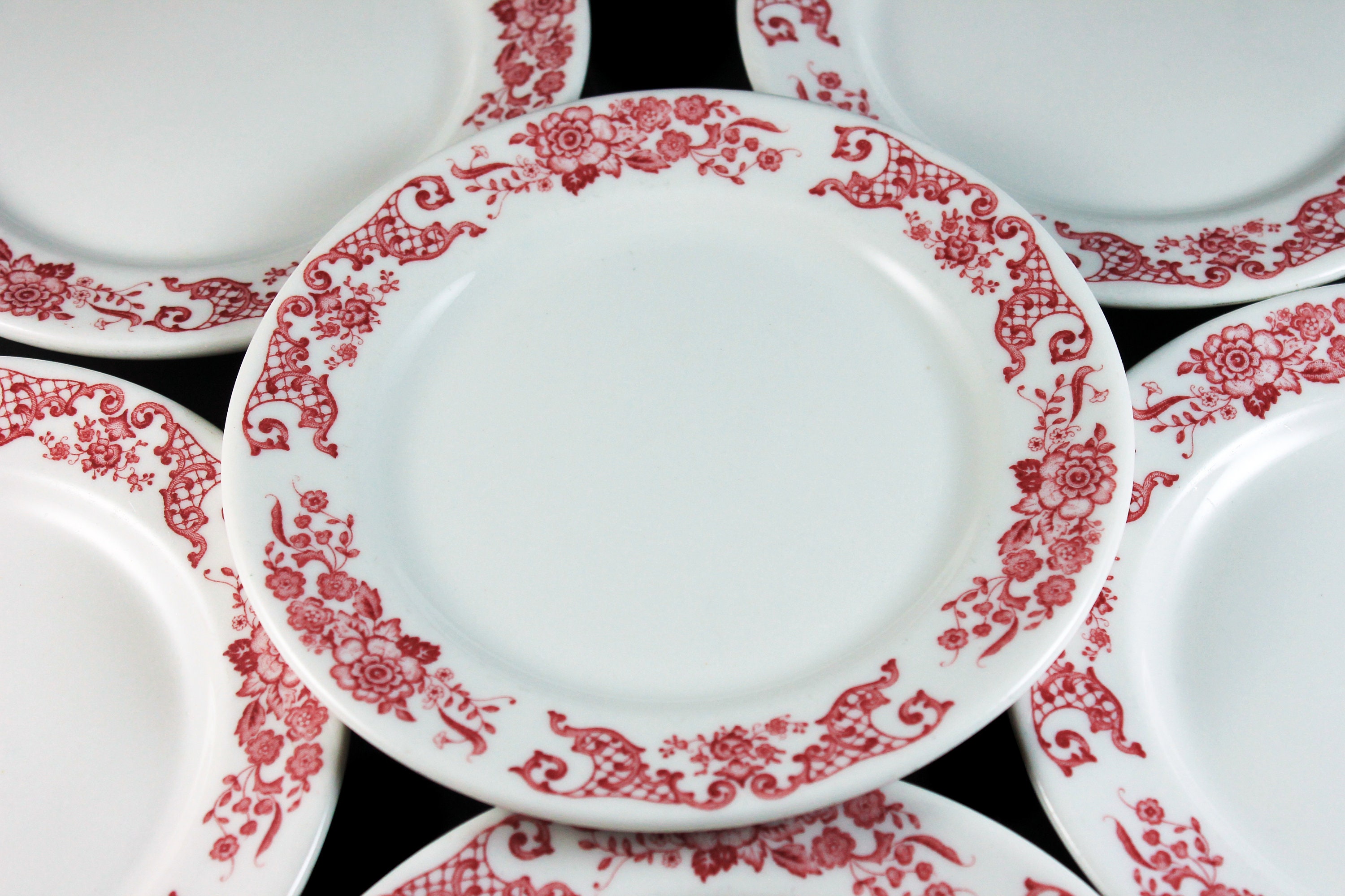 Salad Plates, Syracuse China, Restaurant Grade, Red Floral, Set of 6