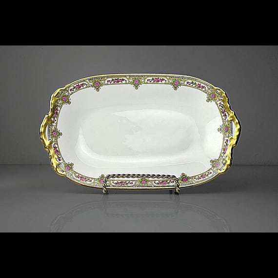 Antique Vignaud Limoges Handled Relish Tray, John Wanamaker, France, Pink Roses, Gold Gilt Porcelain