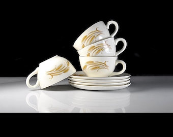 Vintage Homer Laughlin Golden Wheat Cups and Saucers, Set of 4, Wheat Pattern