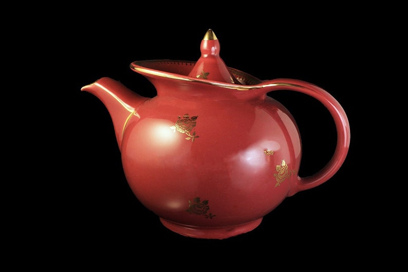 Hall Teapot Maroon Windshield Gold Roses Gold Trim 6 Cup Etsy