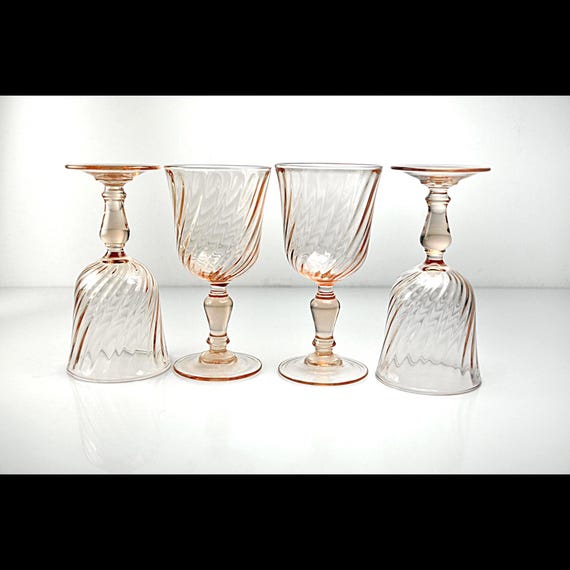 Vintage Cristal D'Arques Rosaline Pink Optic Swirl Wine Glasses, Set of 4, French Glassware