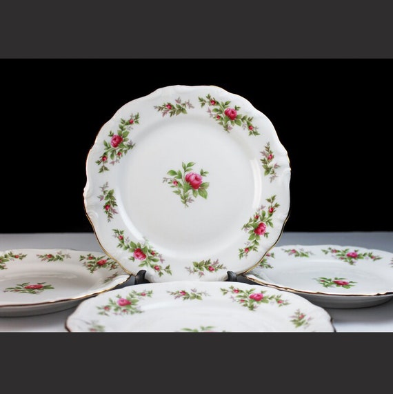 Bread and Butter Plates, Johann Haviland, Moss Rose, Bavarian Backstamp, Floral Pattern, Set of Four, Fine China, Roll Plates