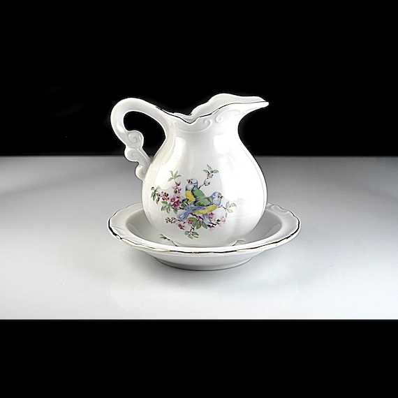 Vintage Mini Pitcher and Bowl Set with Blue Birds, Gold Trim, Home Decor
