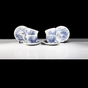 Enoch Wedgwood “Countryside” Cups and Saucers – English Ironstone, Blue Transferware, Set of 4, Made in England