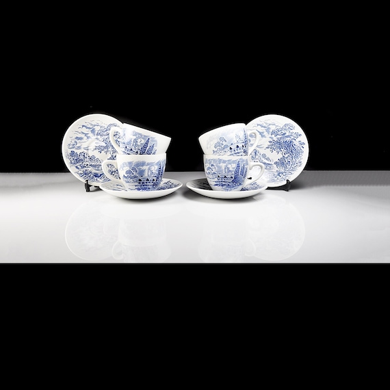 Enoch Wedgwood “Countryside” Cups and Saucers – English Ironstone, Blue Transferware, Set of 4, Made in England